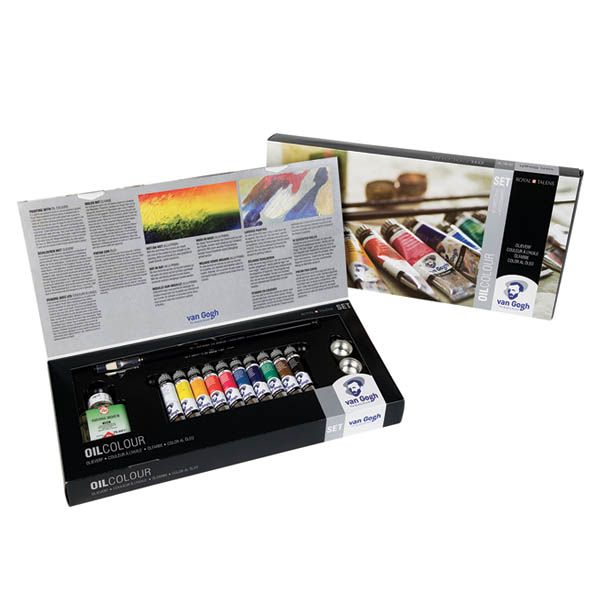 SET D’ARTISTE: 10 TUBES 20ML COULEURS À L'HUILE, 1 flacon médium à peindre Talens 75ml, 2 pinceaux Van Gogh (série 210 N°8 et série 211 N°4) et godet à palette double